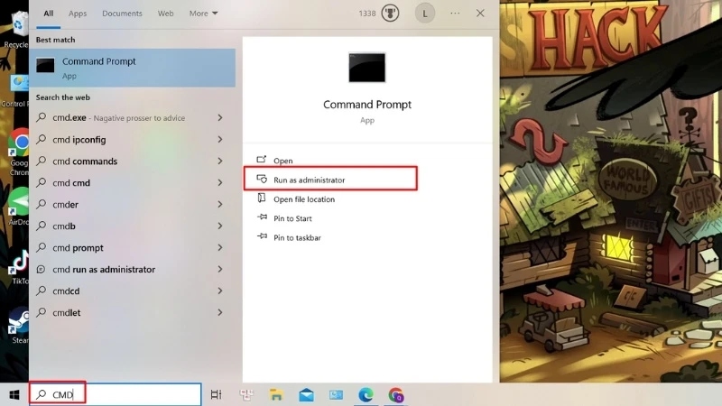 Tìm kiếm CMD và chọn Run as Administrator trên Win 10