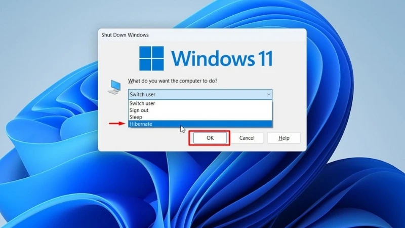 Giao diện Windows 11 đã được mở chức năng Hibernate