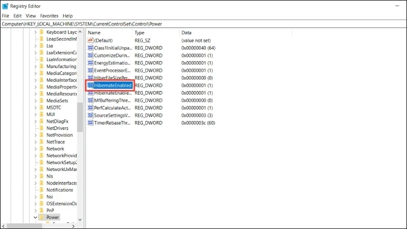 Tìm đến mục HiberbootEnabled