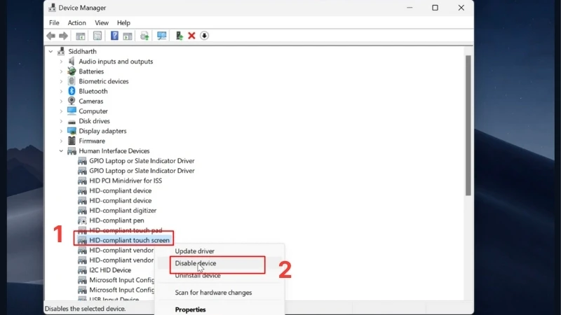 Tìm mục HID-Compliant Touch Screen > Click chuột phải > Chọn Disable