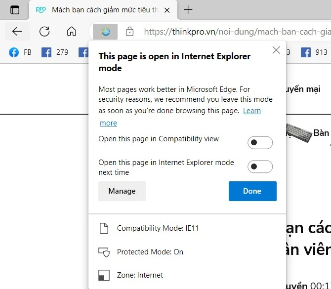 Ấn nút gạt On vào tùy chọn Open this page in Internet Explorer mode next time