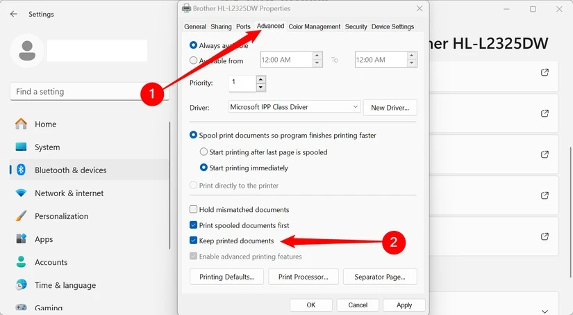Bật tính năng ghi lịch sử máy in cho tài liệu đã in gần đây trên Windows 11