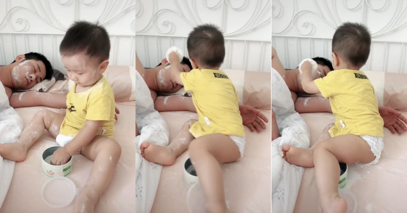 The boy shows his talent to make up for his sleeping father, but the most amusing is the innocent action after that