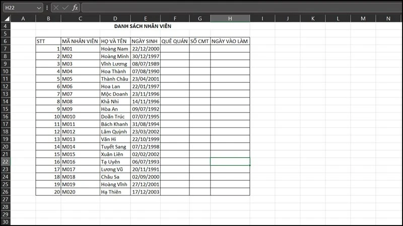 Tạo Sheet Danh Sách Nhân Viên