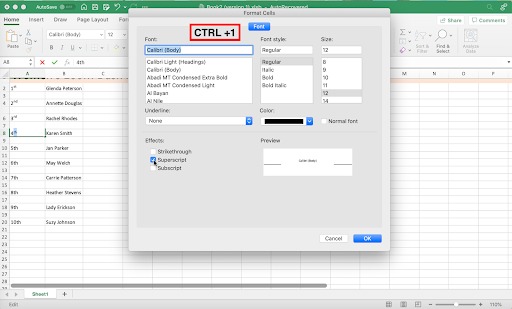 Cách viết số mũ cho văn bản trong Excel