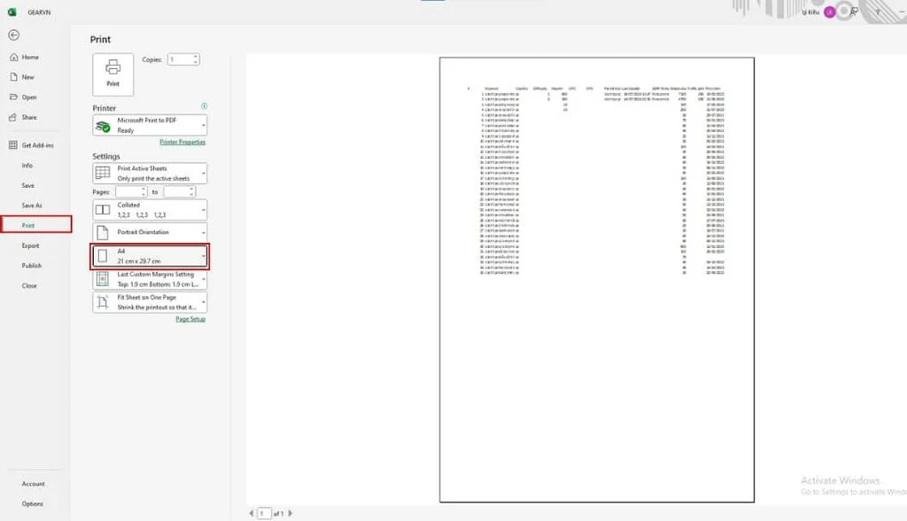 cách in file Excel trên khổ A4