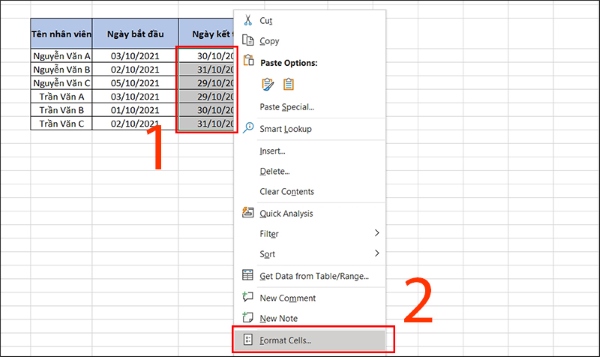 cách định dạng ngày tháng trong Excel