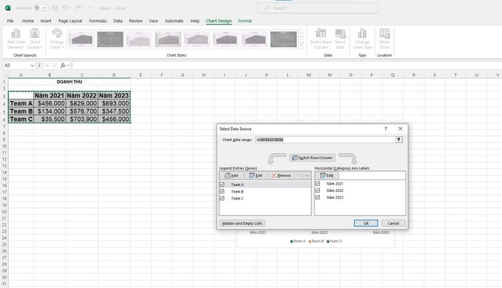 cách thay đổi dữ liệu của biểu đồ trong Excel