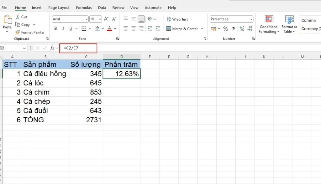 Cách tính tỷ lệ phần trăm trong Excel dựa trên một giá trị trong tổng