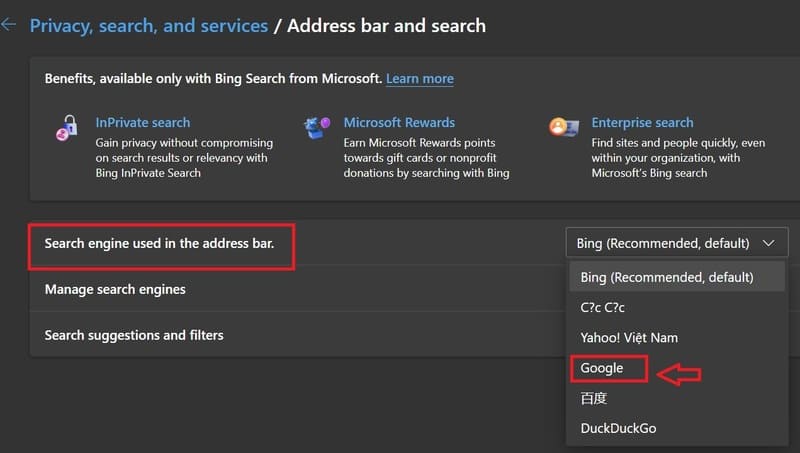 cách thay đổi công cụ tìm kiếm mặc định trên trên trình duyệt Microsoft Edge