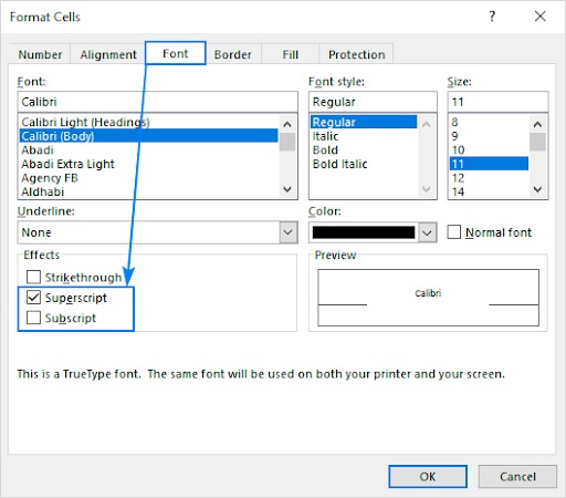 Cách viết số mũ cho văn bản trong Excel