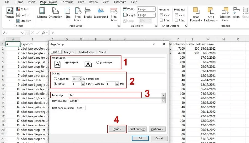 cách in file Excel trên khổ A4