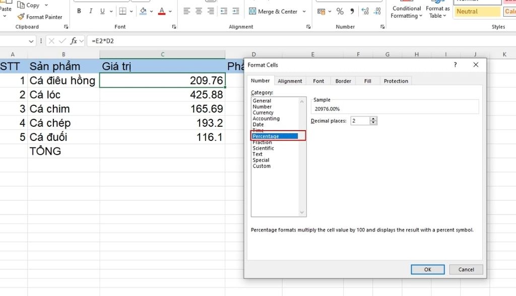 Cách định dạng dữ liệu thành phần trăm trên Excel