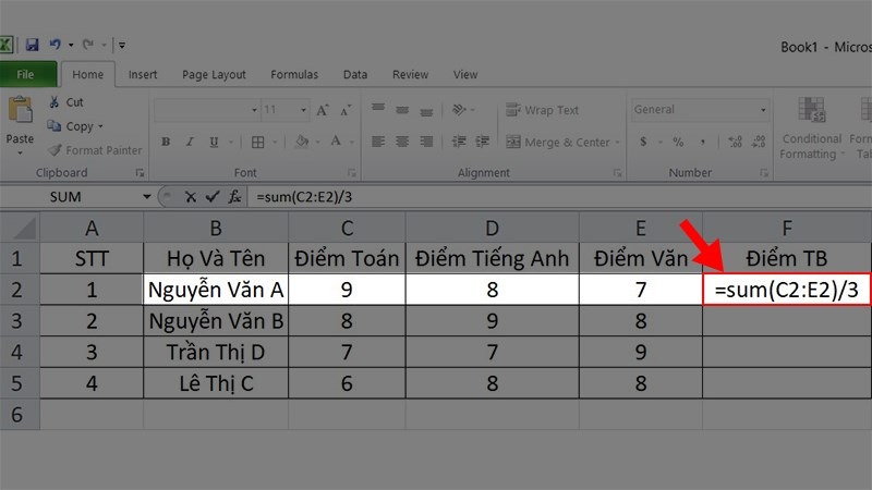 tính trung bình trong Excel