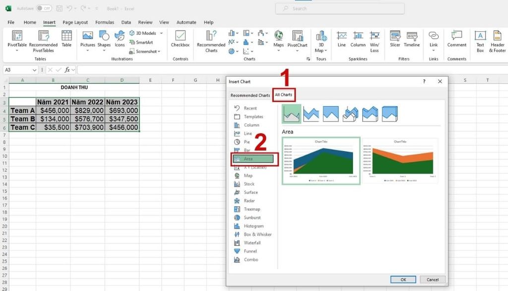 Vẽ biểu đồ miền trong Excel